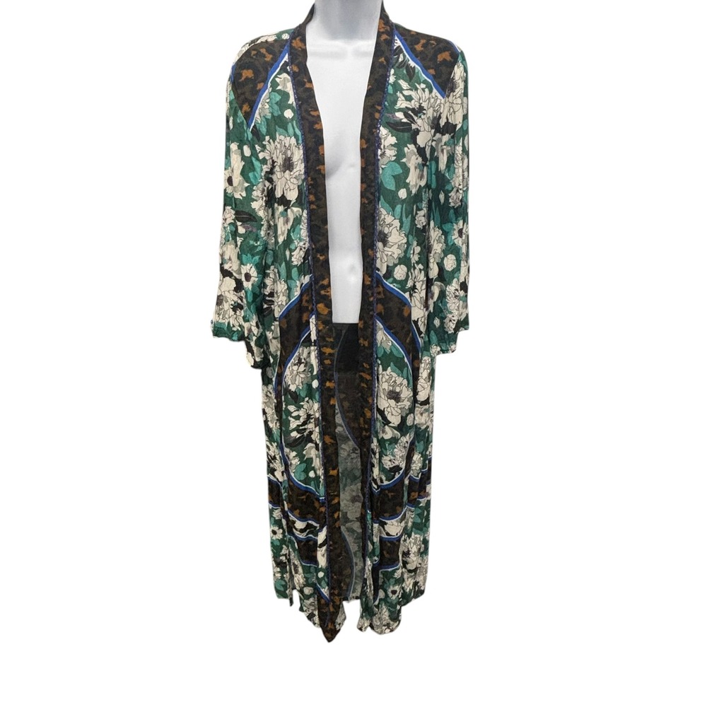 Blank London Floral Leopard Print Viscose Duster Kimono Green One Size OS